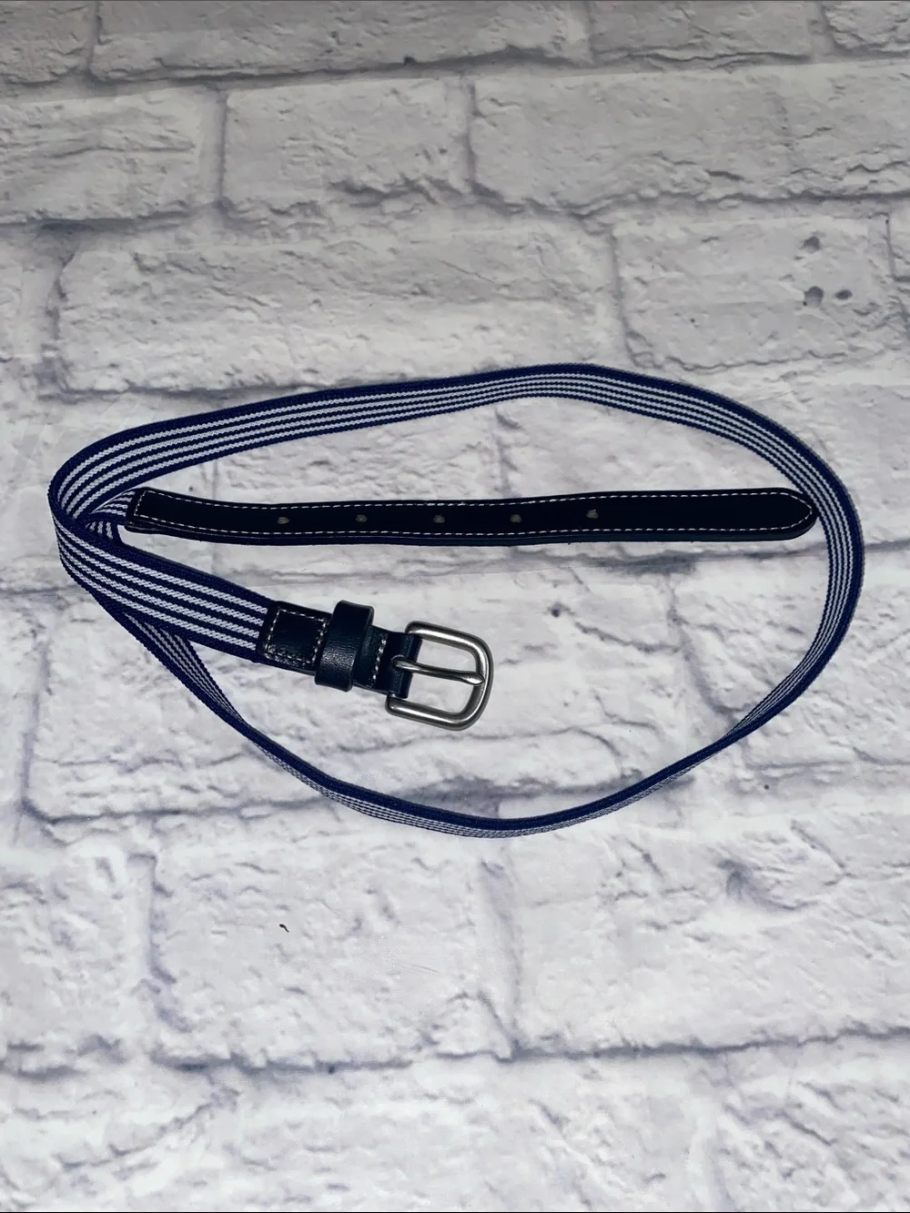 J. Crew Navy and White Striped Stretch Fabric Belt with Leather Trim Size M